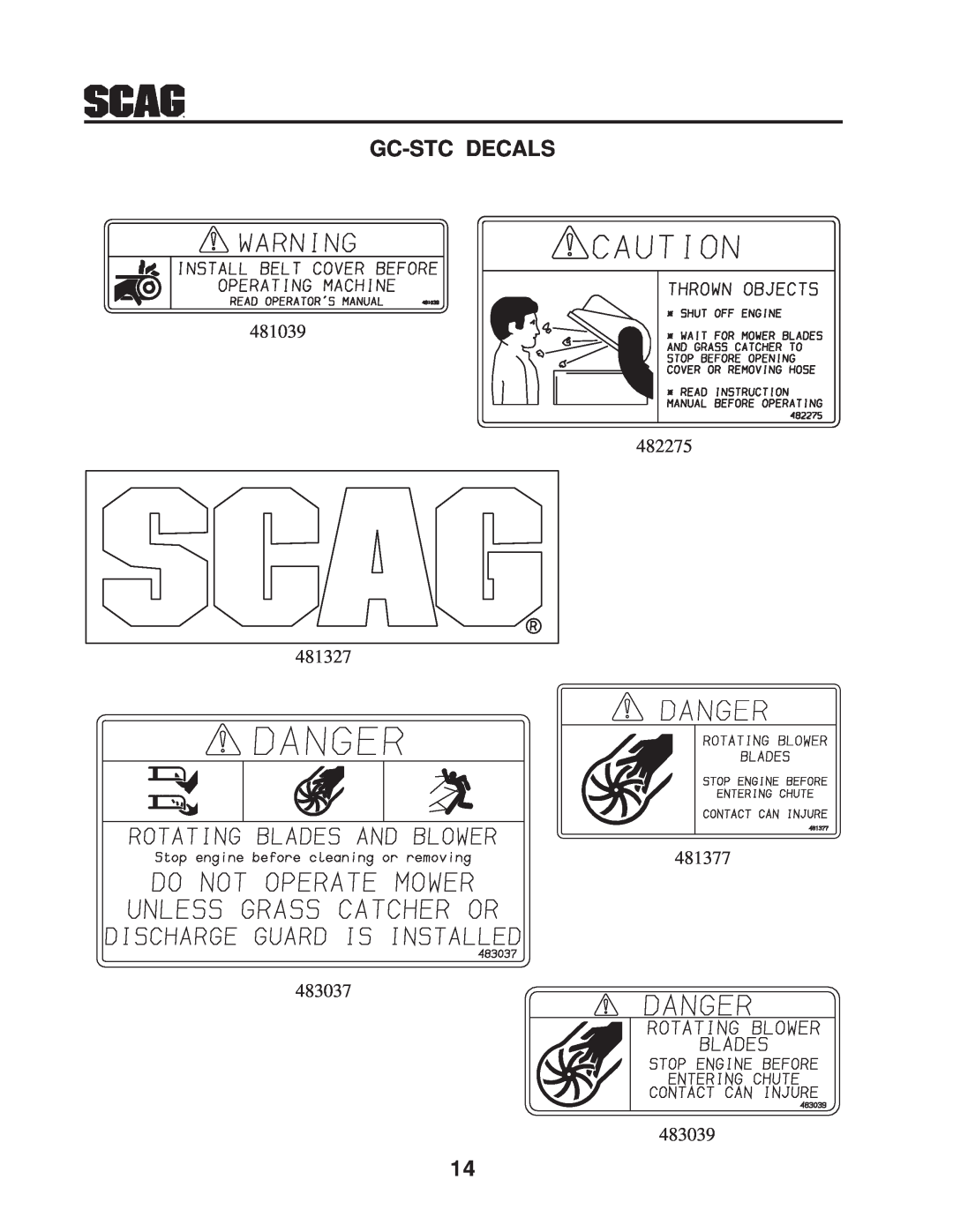 Scag Power Equipment GC-STC manual Gc-Stc Decals, 481039 482275 481327 