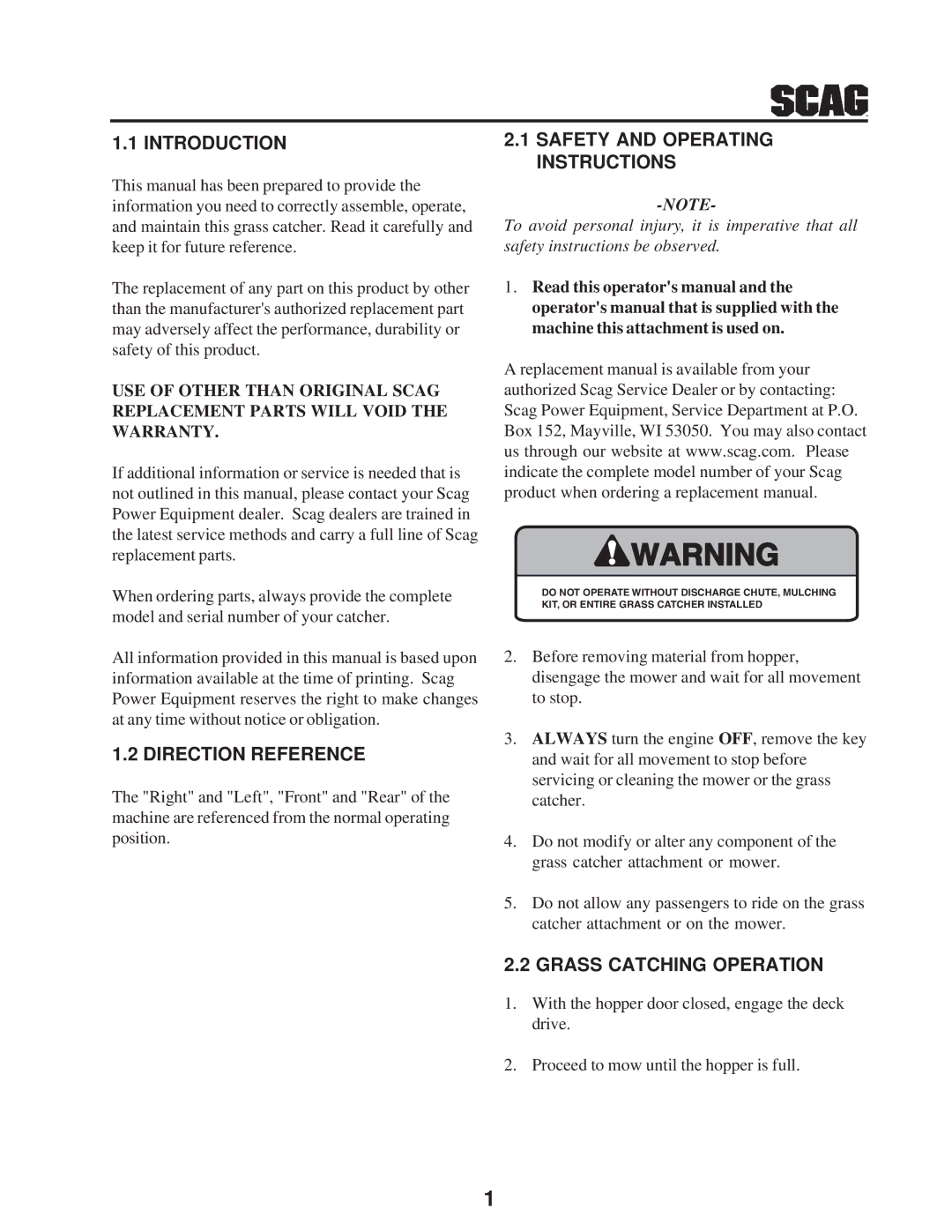 Scag Power Equipment GC-STT-CS manual Introduction, Direction Reference, Safety and Operating Instructions 