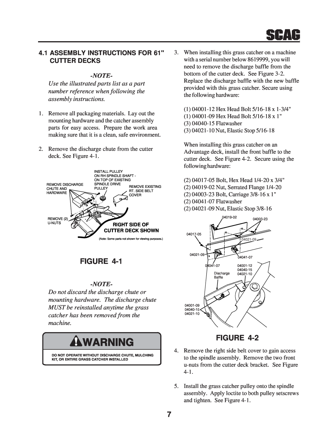 Scag Power Equipment GC-STT-CS manual ASSEMBLY INSTRUCTIONS FOR 61 CUTTER DECKS, Use the illustrated parts list as a part 