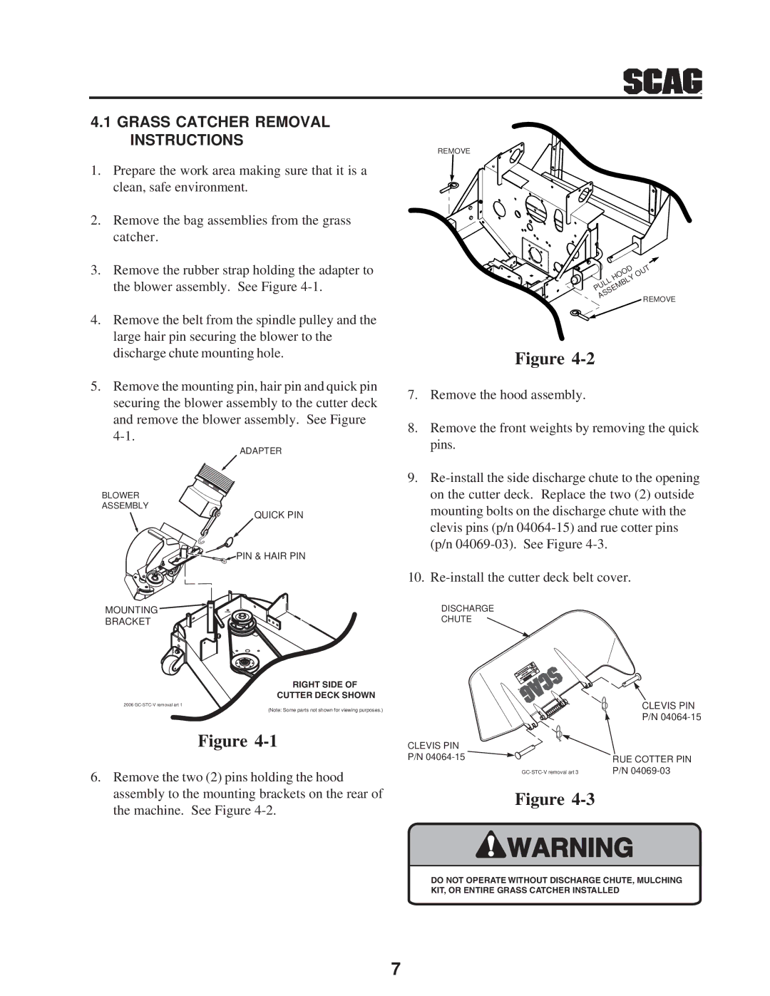 Scag Power Equipment GC-STT-V operating instructions Grass Catcher Removal Instructions 