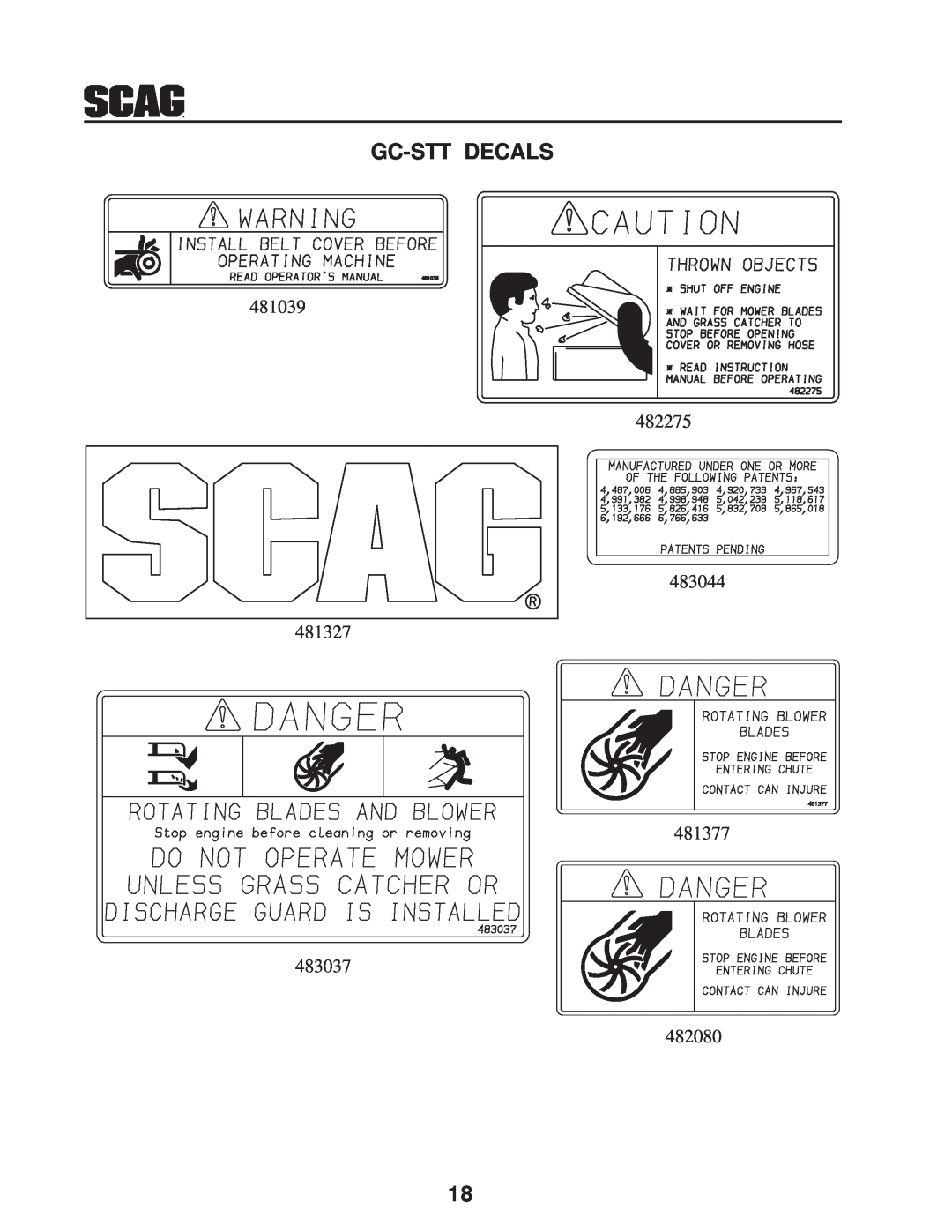 Scag Power Equipment GC-STT-V operating instructions Gc-Stt Decals, 481039 482275 483044 481327 