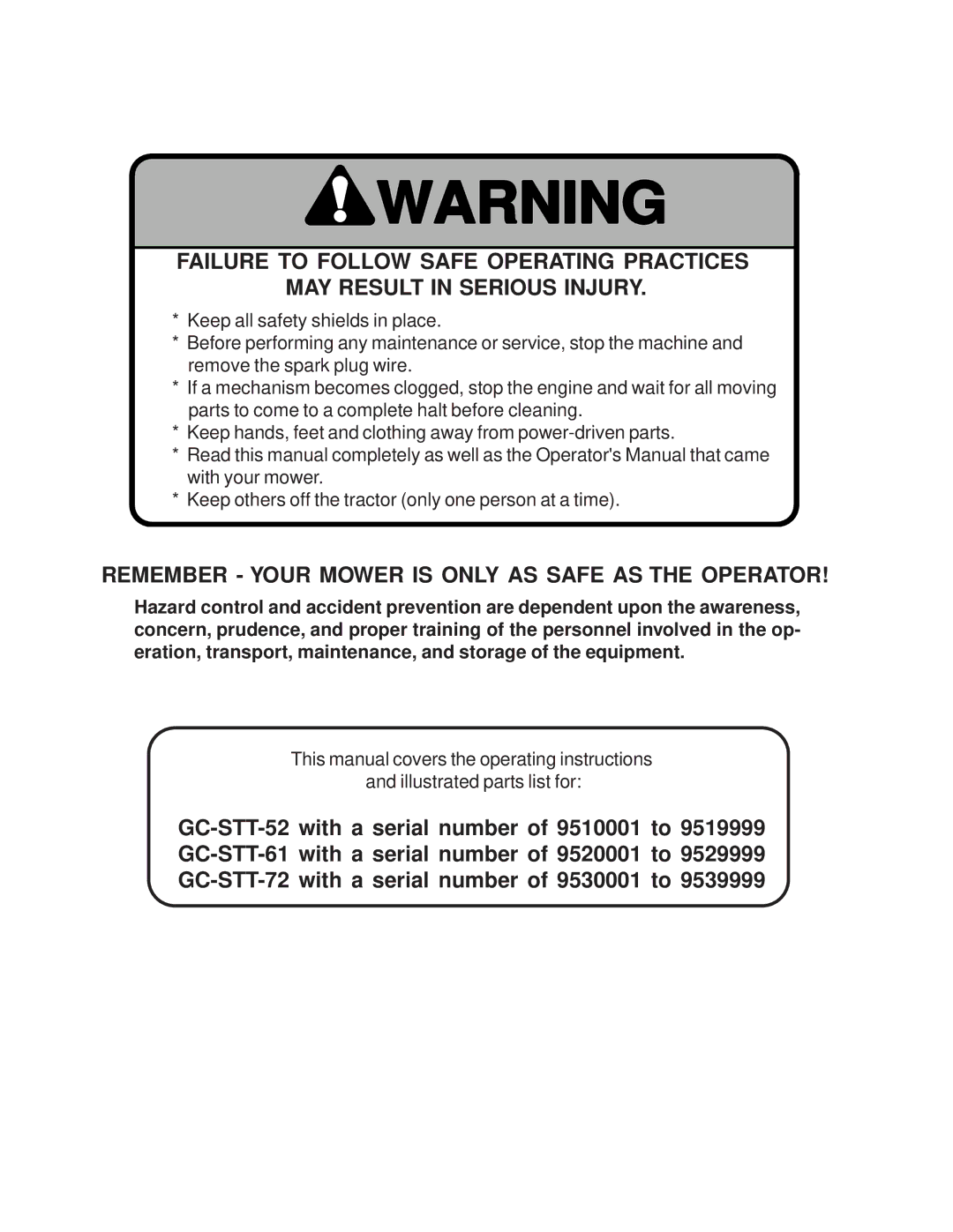 Scag Power Equipment GC-STT manual Remember Your Mower is only AS Safe AS the Operator 