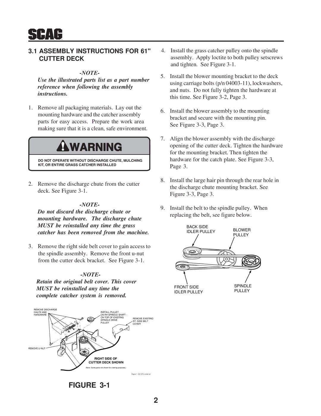 Scag Power Equipment GC-STWC-61 manual Assembly Instructions for 61 Cutter Deck 