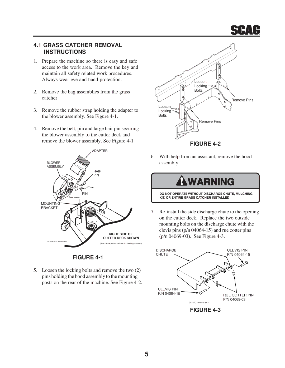 Scag Power Equipment GC-STWC-61 manual Grass Catcher Removal Instructions 