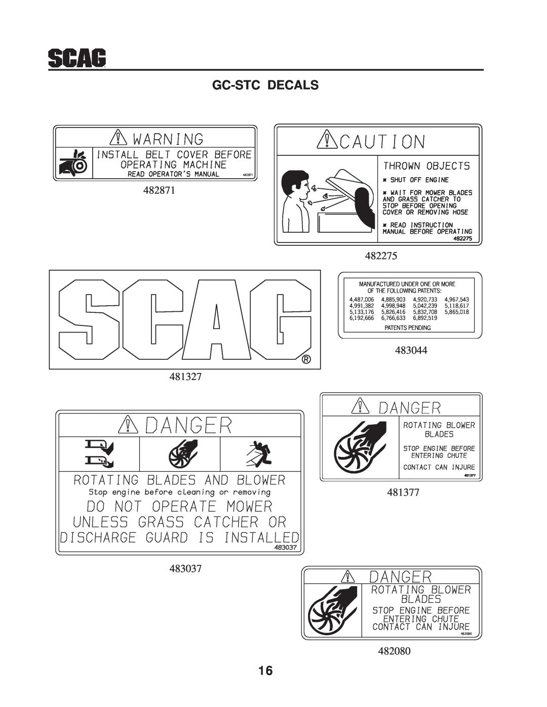 Scag Power Equipment GC-STWC-61V Gc-Stc Decals, Manufactured Under One Or More Of The Following Patents, Patents Pending 