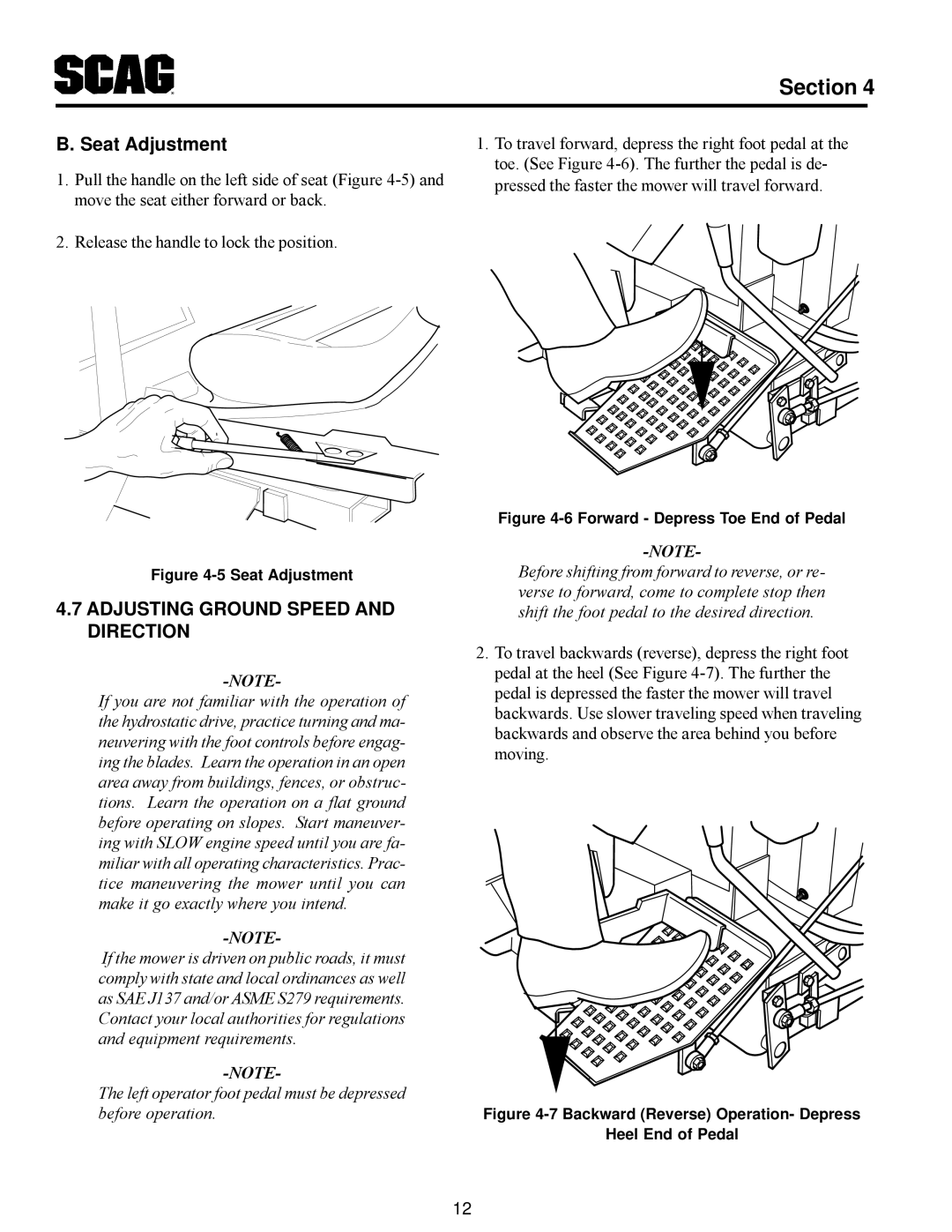 Scag Power Equipment MAG manual Seat Adjustment, Adjusting Ground Speed and Direction 