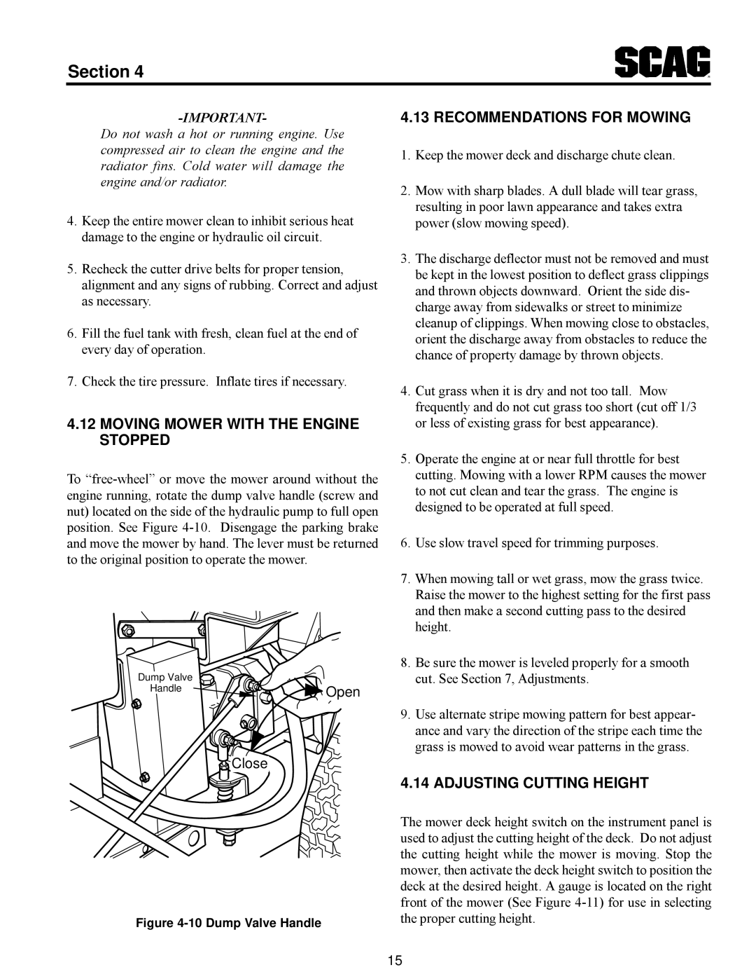 Scag Power Equipment MAG manual Moving Mower with the Engine Stopped, Recommendations for Mowing, Adjusting Cutting Height 