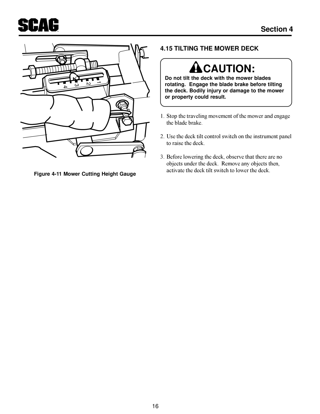 Scag Power Equipment MAG manual Tilting the Mower Deck, Mower Cutting Height Gauge 