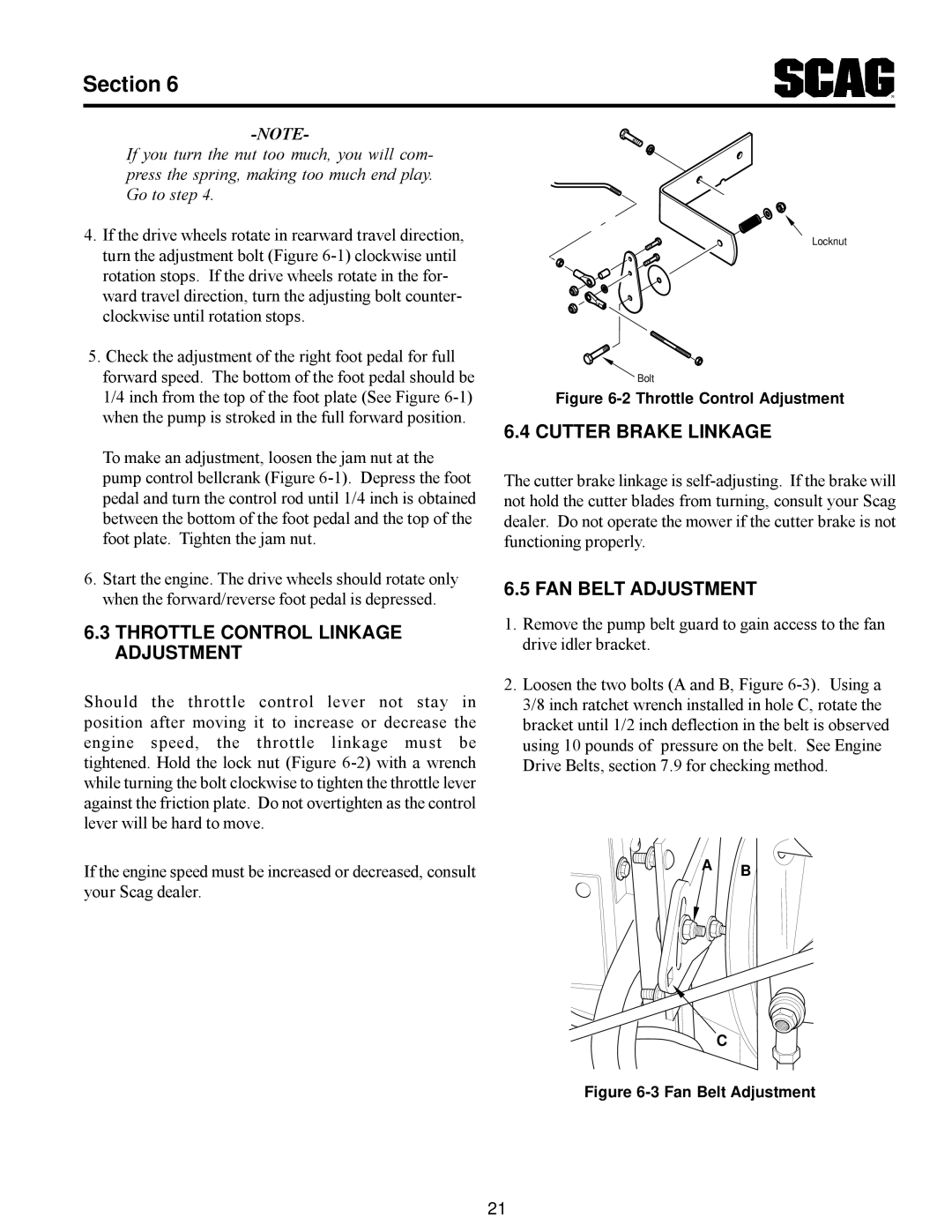 Scag Power Equipment MAG manual Throttle Control Linkage Adjustment, Cutter Brake Linkage, FAN Belt Adjustment 