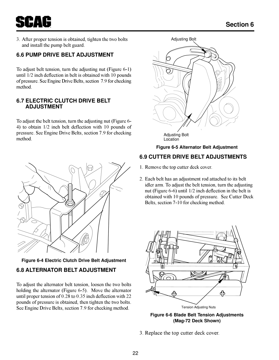 Scag Power Equipment MAG Pump Drive Belt Adjustment, Electric Clutch Drive Belt Adjustment, Cutter Drive Belt Adjustments 