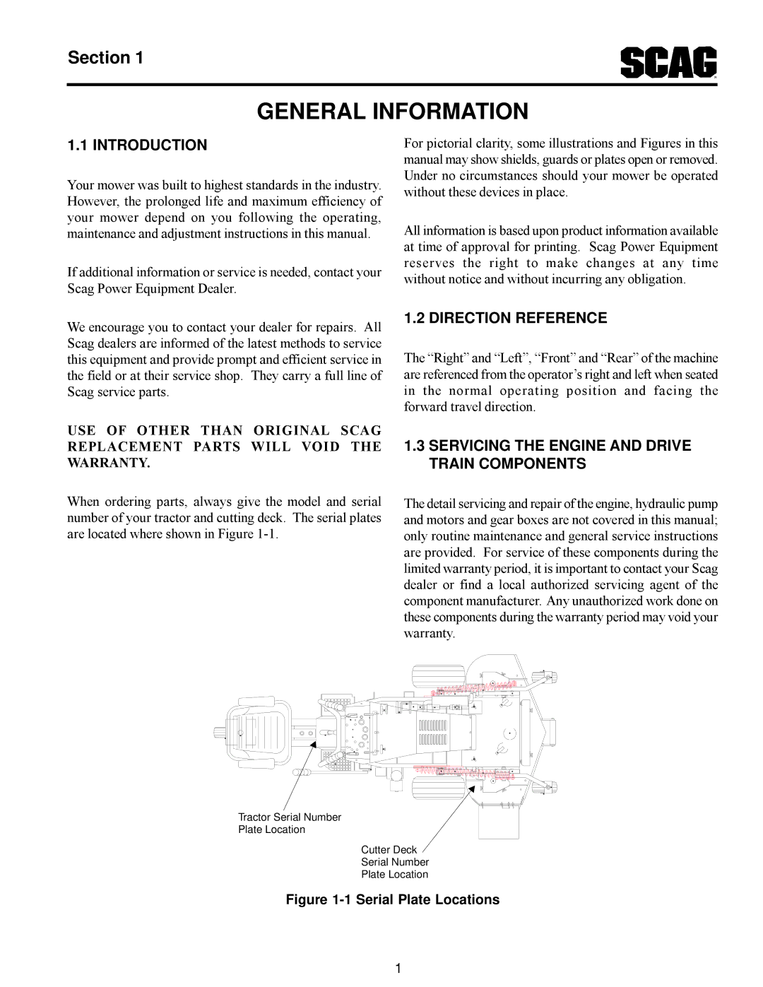 Scag Power Equipment MAG manual Introduction, Direction Reference, Servicing the Engine and Drive Train Components 