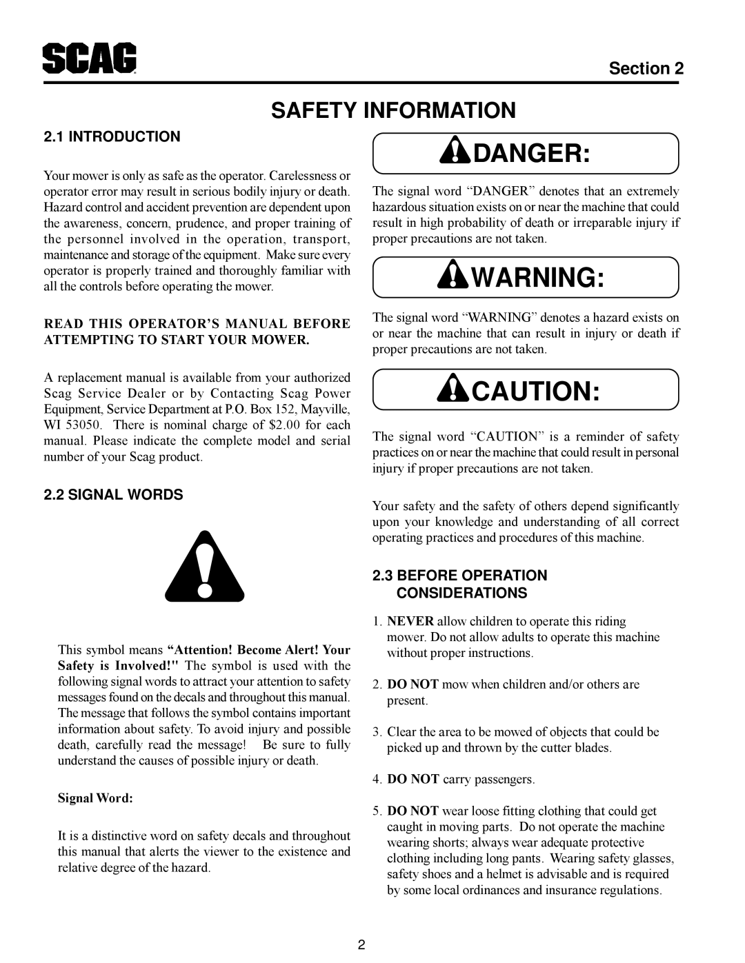 Scag Power Equipment MAG manual Signal Words, Before Operation Considerations 