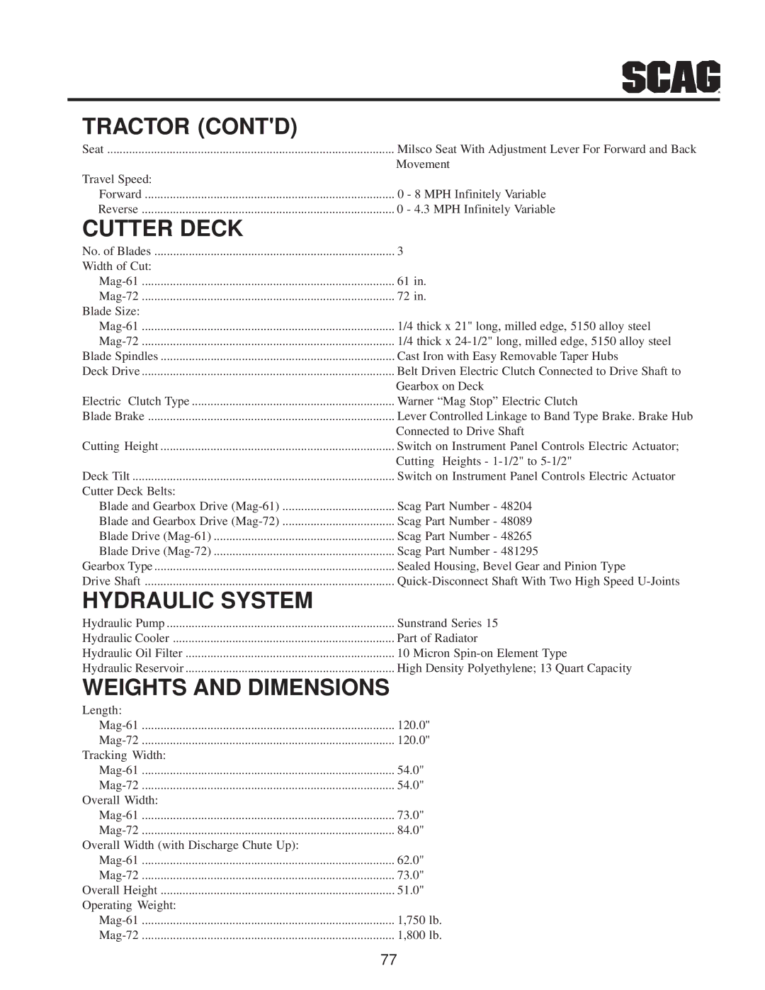 Scag Power Equipment MAG manual Tractor Contd 