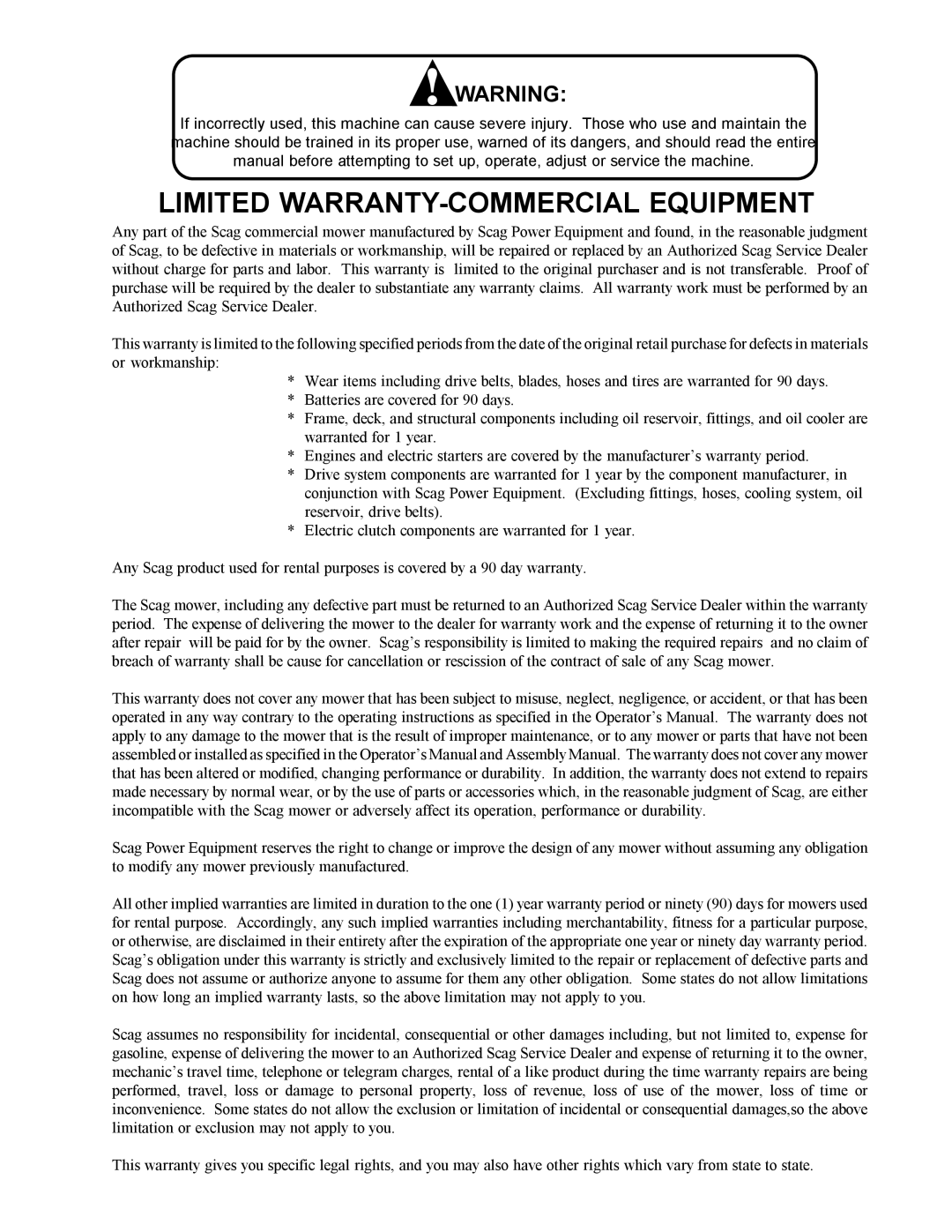 Scag Power Equipment MAG manual Limited WARRANTY-COMMERCIAL Equipment 