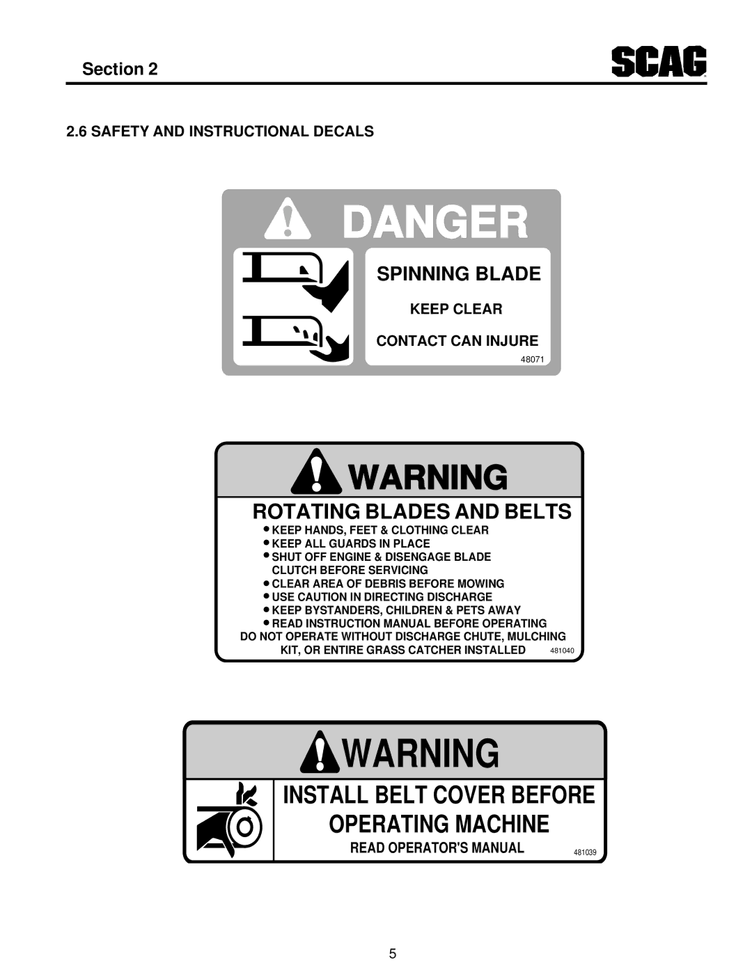 Scag Power Equipment MAG manual Safety and Instructional Decals, Keep Clear Contact can Injure 