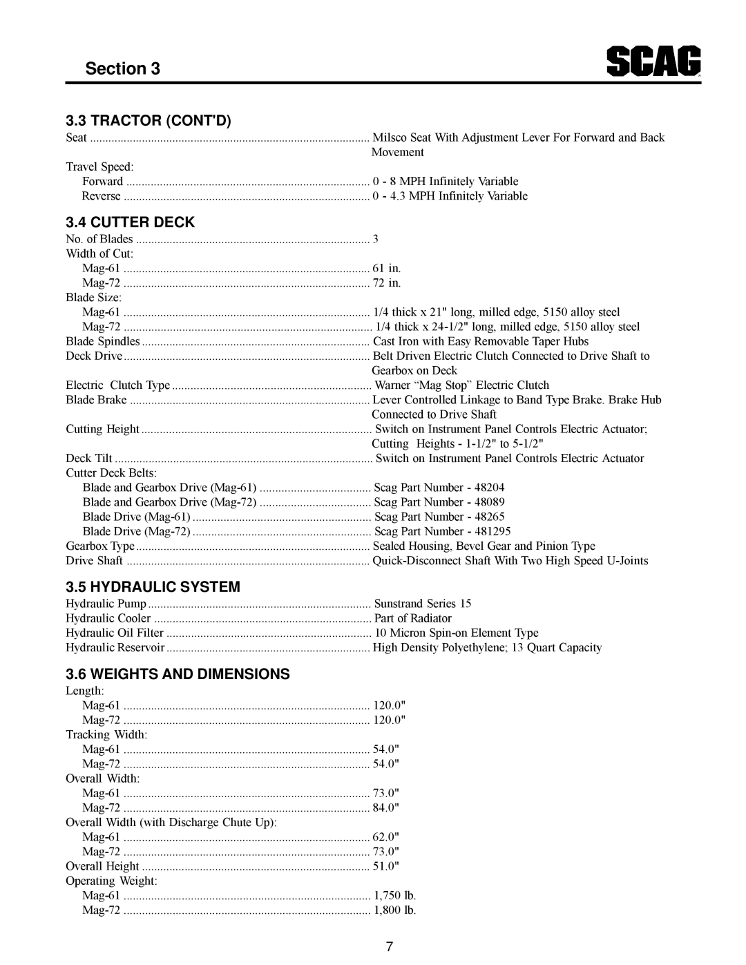 Scag Power Equipment MAG manual Tractor Contd, Cutter Deck, Hydraulic System, Weights and Dimensions 