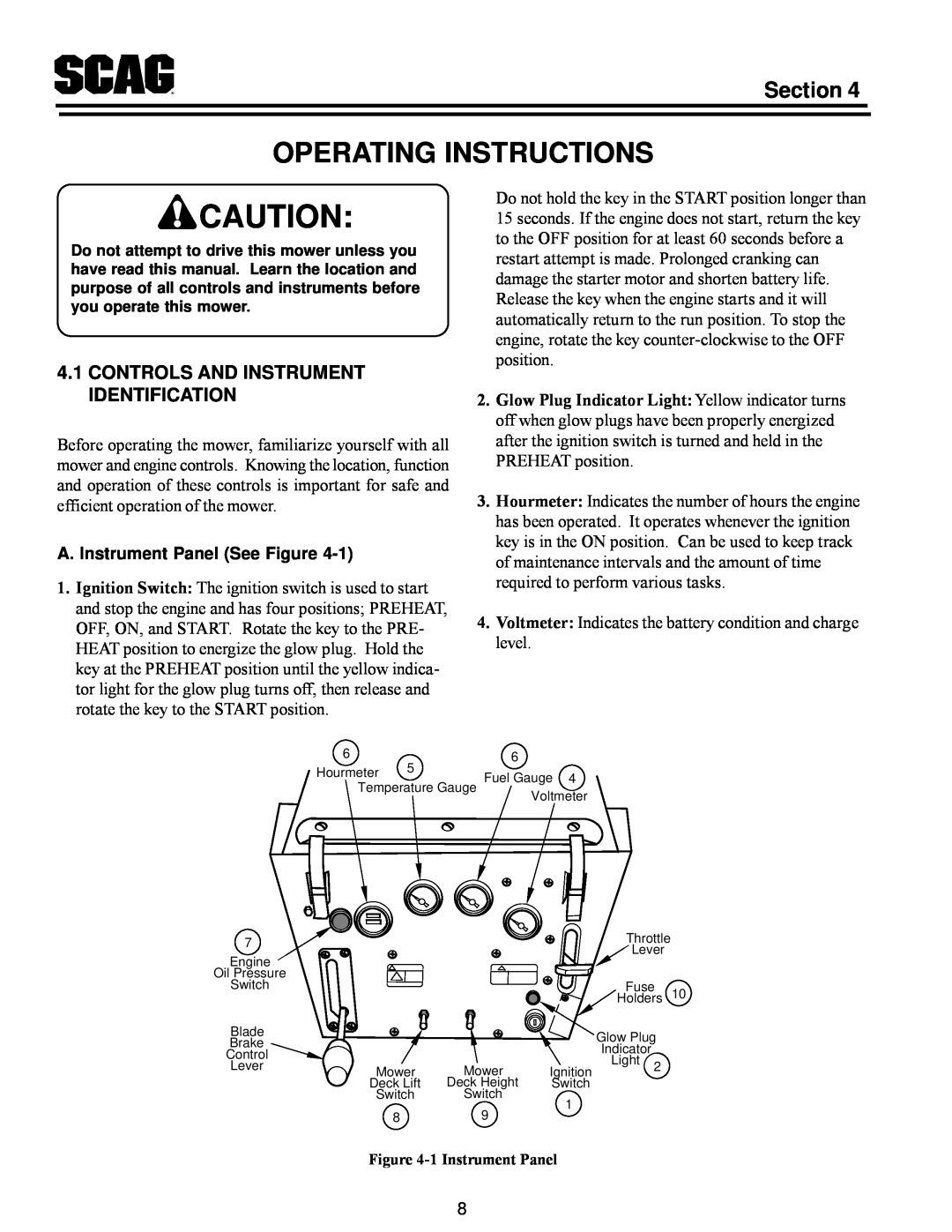 Scag Power Equipment MAG manual Operating Instructions, Controls And Instrument Identification, Section 