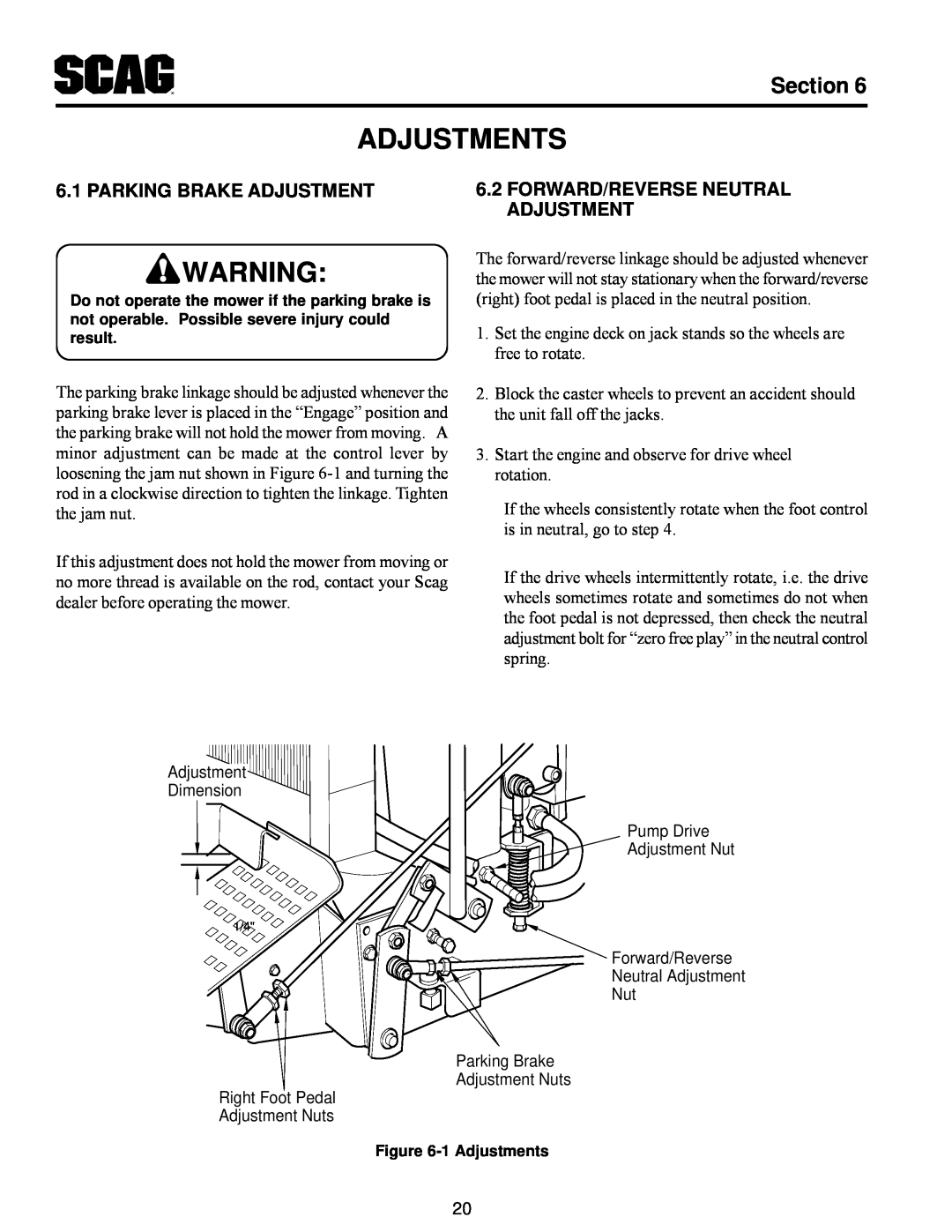 Scag Power Equipment MAG manual Adjustments, Parking Brake Adjustment, Forward/Reverse Neutral Adjustment, Section 