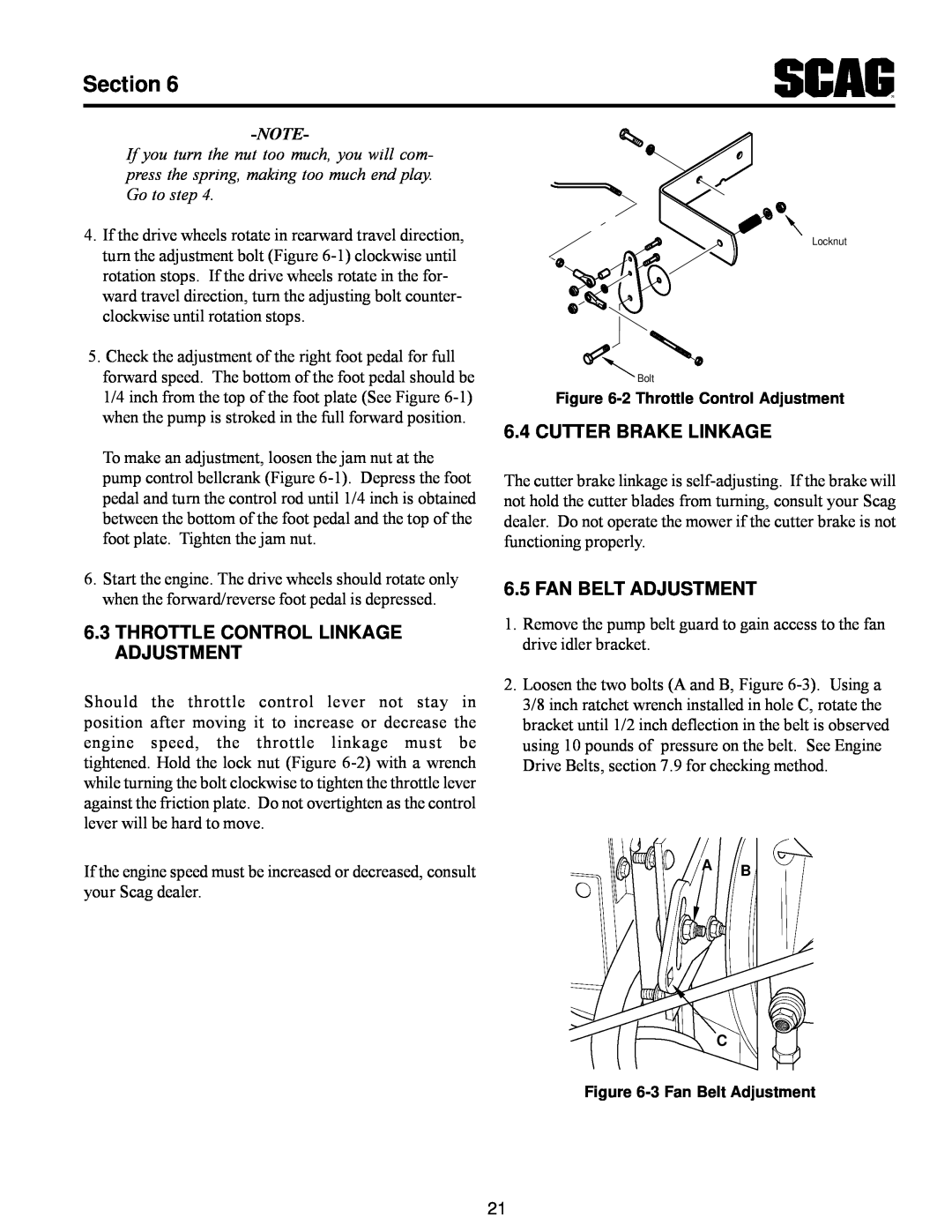 Scag Power Equipment MAG manual Throttle Control Linkage Adjustment, Cutter Brake Linkage, Fan Belt Adjustment, Section 