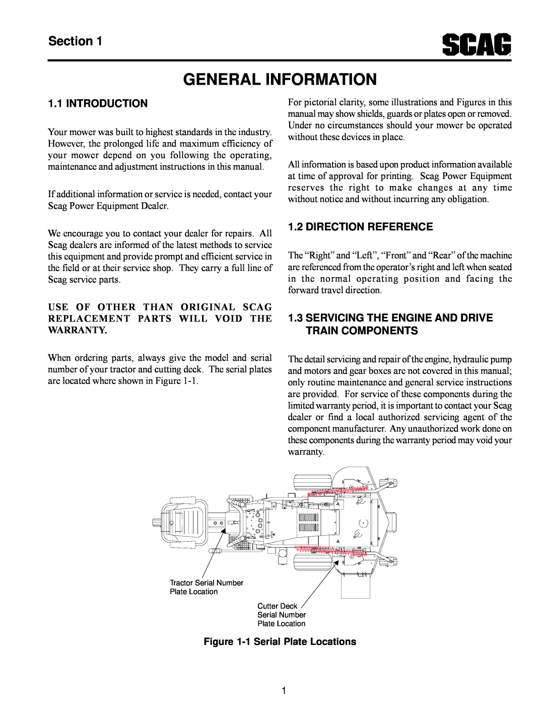 Scag Power Equipment MAG manual General Information, Section, Introduction, Direction Reference, 1 Serial Plate Locations 