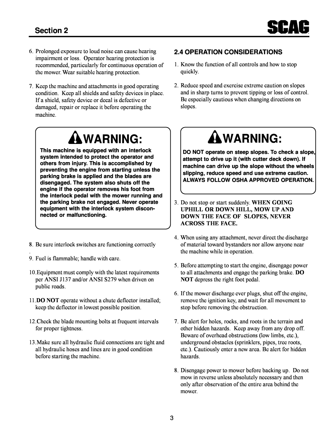 Scag Power Equipment MAG manual Operation Considerations, Warningwarning, Section 