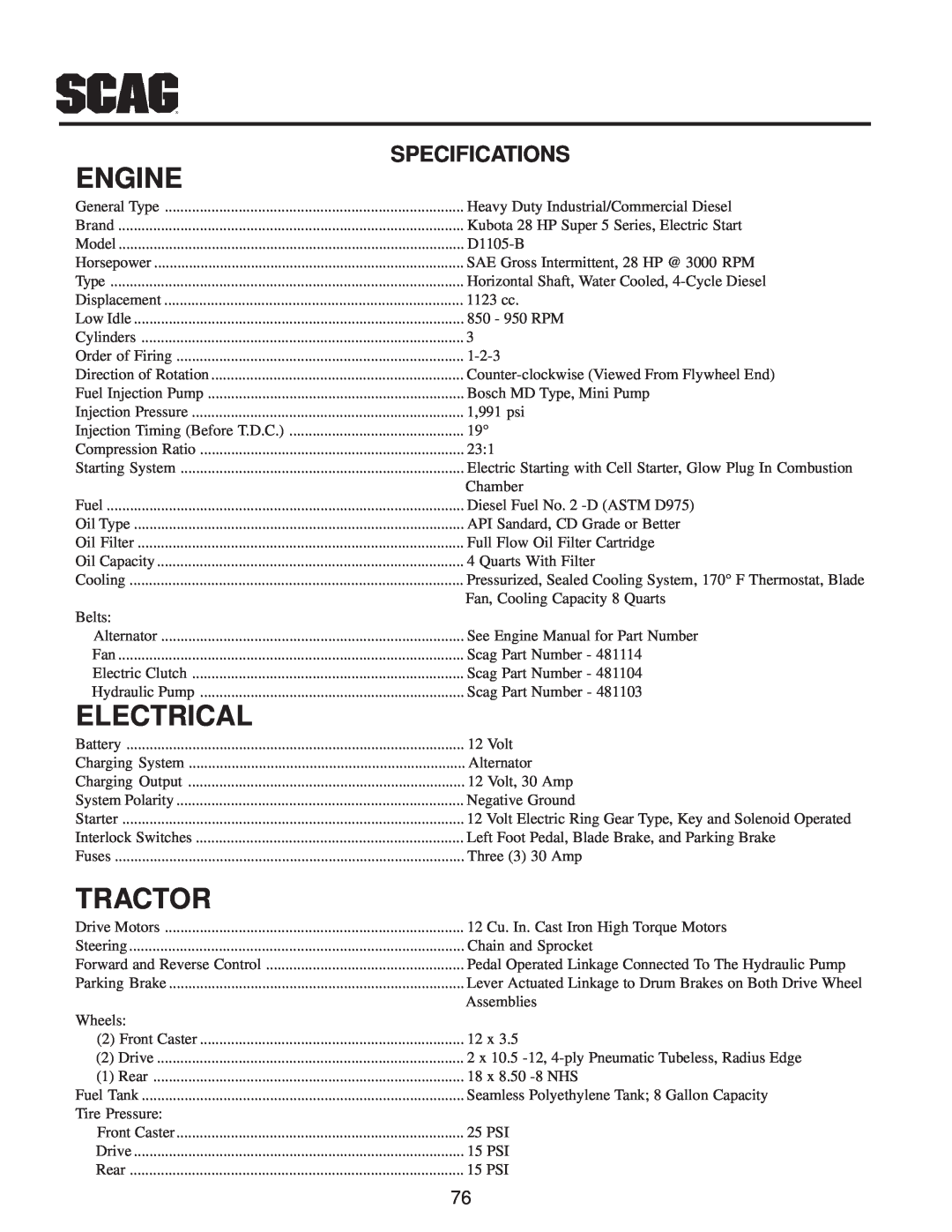 Scag Power Equipment MAG manual Engine, Electrical, Tractor, Specifications 