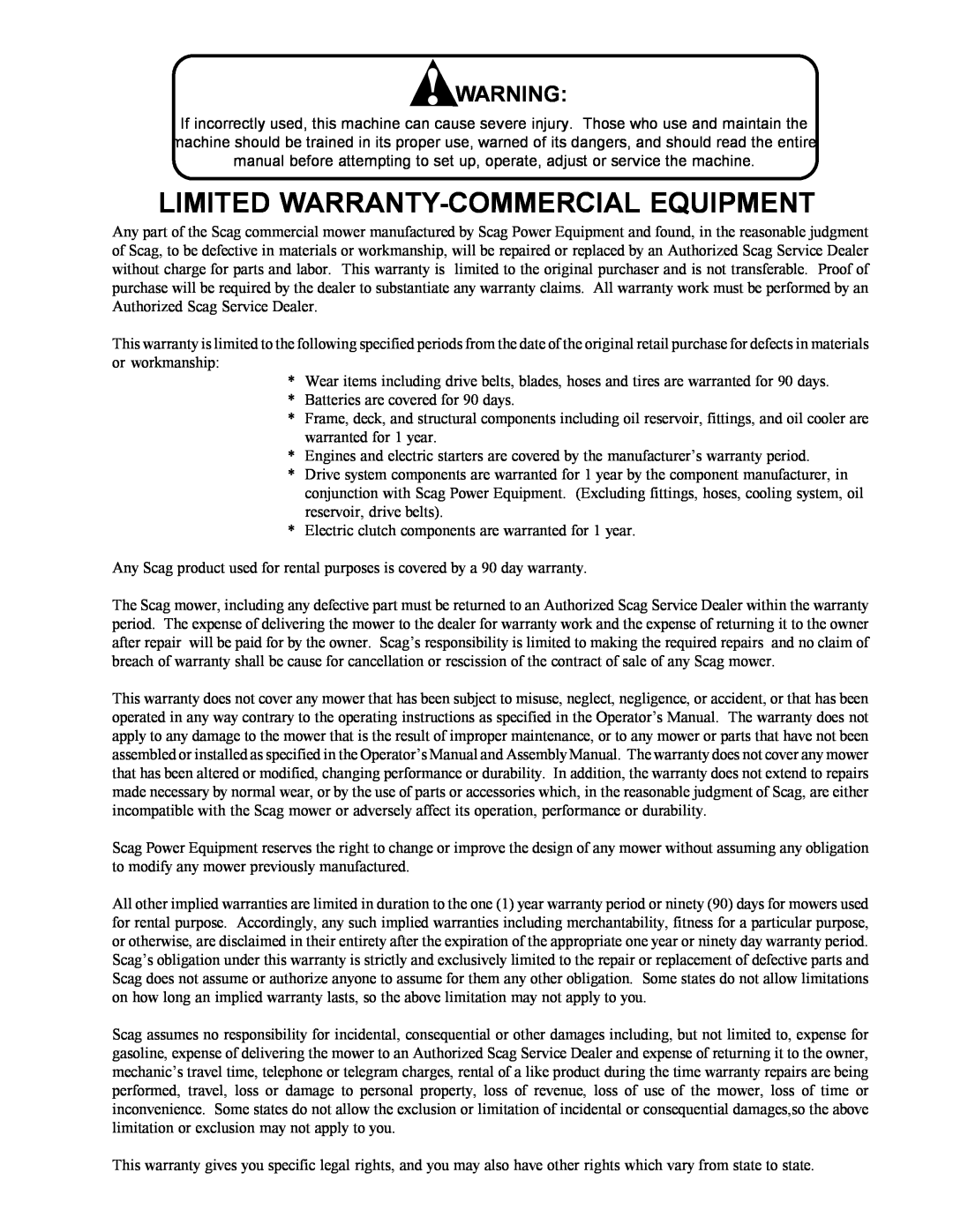 Scag Power Equipment MAG manual Limited Warranty-Commercial Equipment 