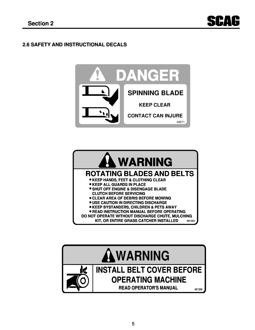 Scag Power Equipment MAG Safety And Instructional Decals, Keep Clear Contact Can Injure, Danger, Rotating Blades And Belts 