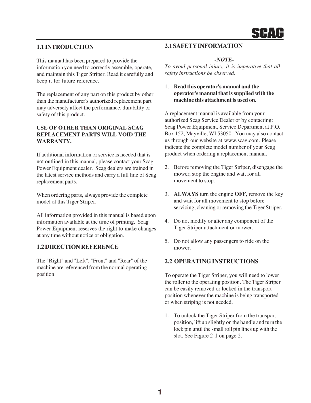 Scag Power Equipment MODEL TS Introduction Safety Information, Direction Reference, Operating Instructions 