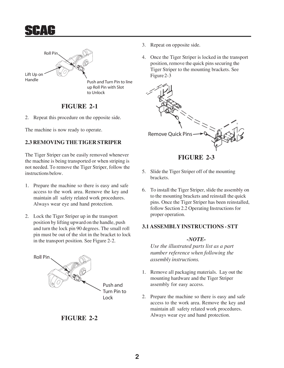 Scag Power Equipment MODEL TS operating instructions Removing the Tiger Striper, Assembly Instructions STT 