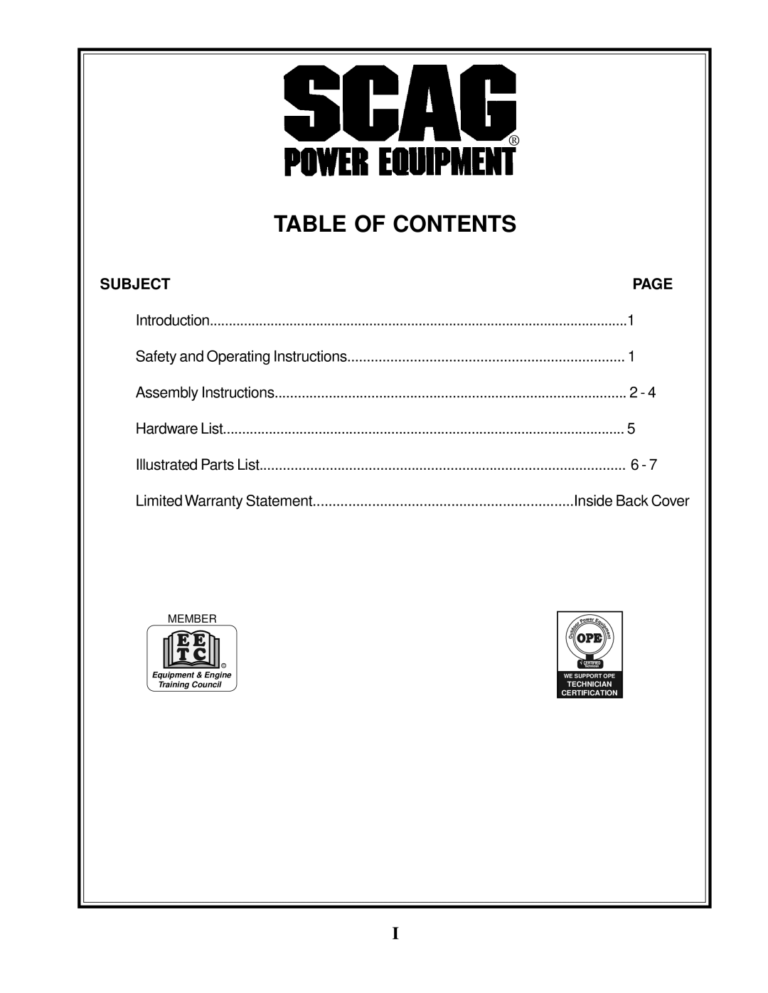 Scag Power Equipment RS-ZT manual Table of Contents 