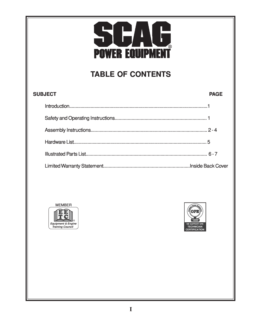 Scag Power Equipment RS-ZT manual Table Of Contents, Subject, Page, Inside Back Cover, Equipment & Engine Training Council 
