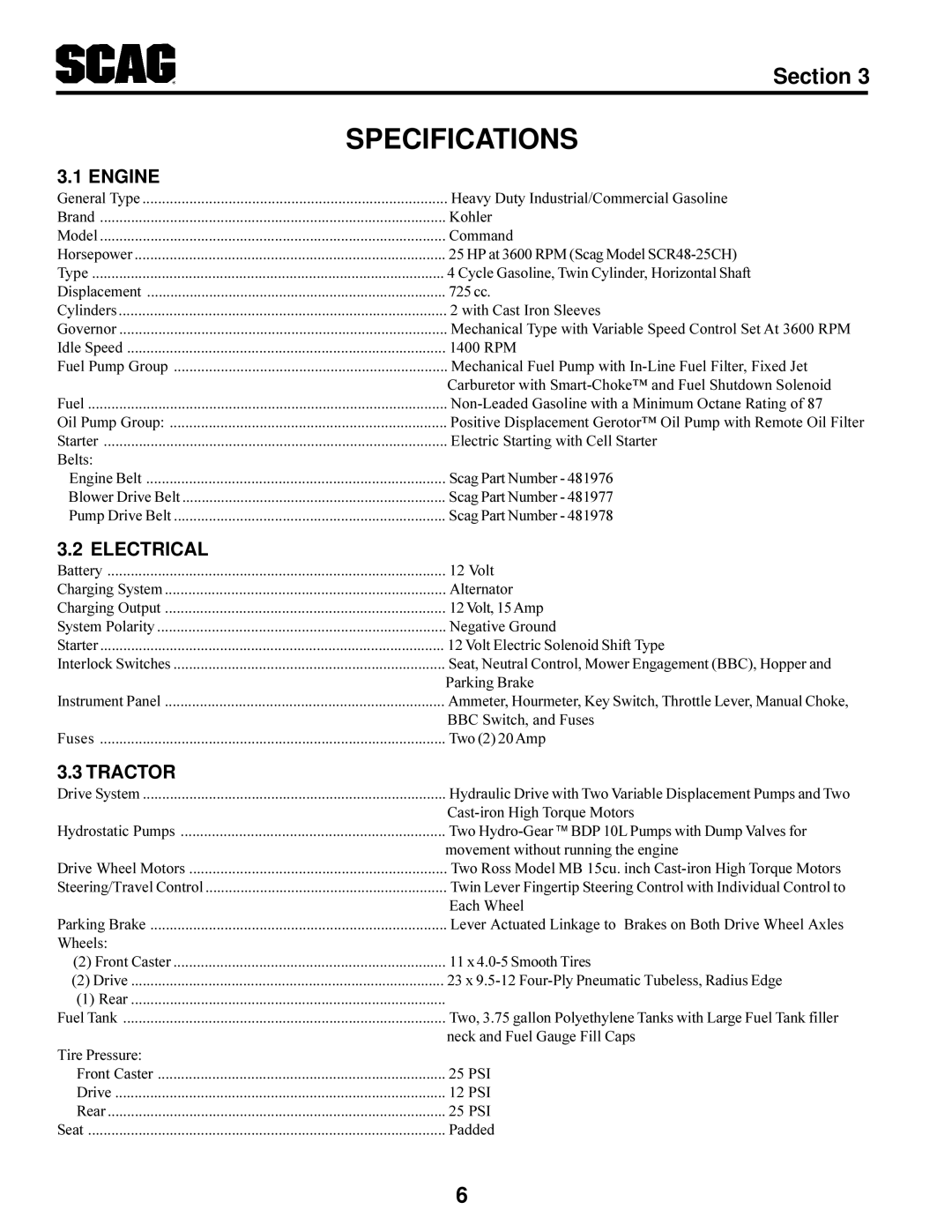 Scag Power Equipment SCR manual Specifications, Engine, Electrical, Tractor 