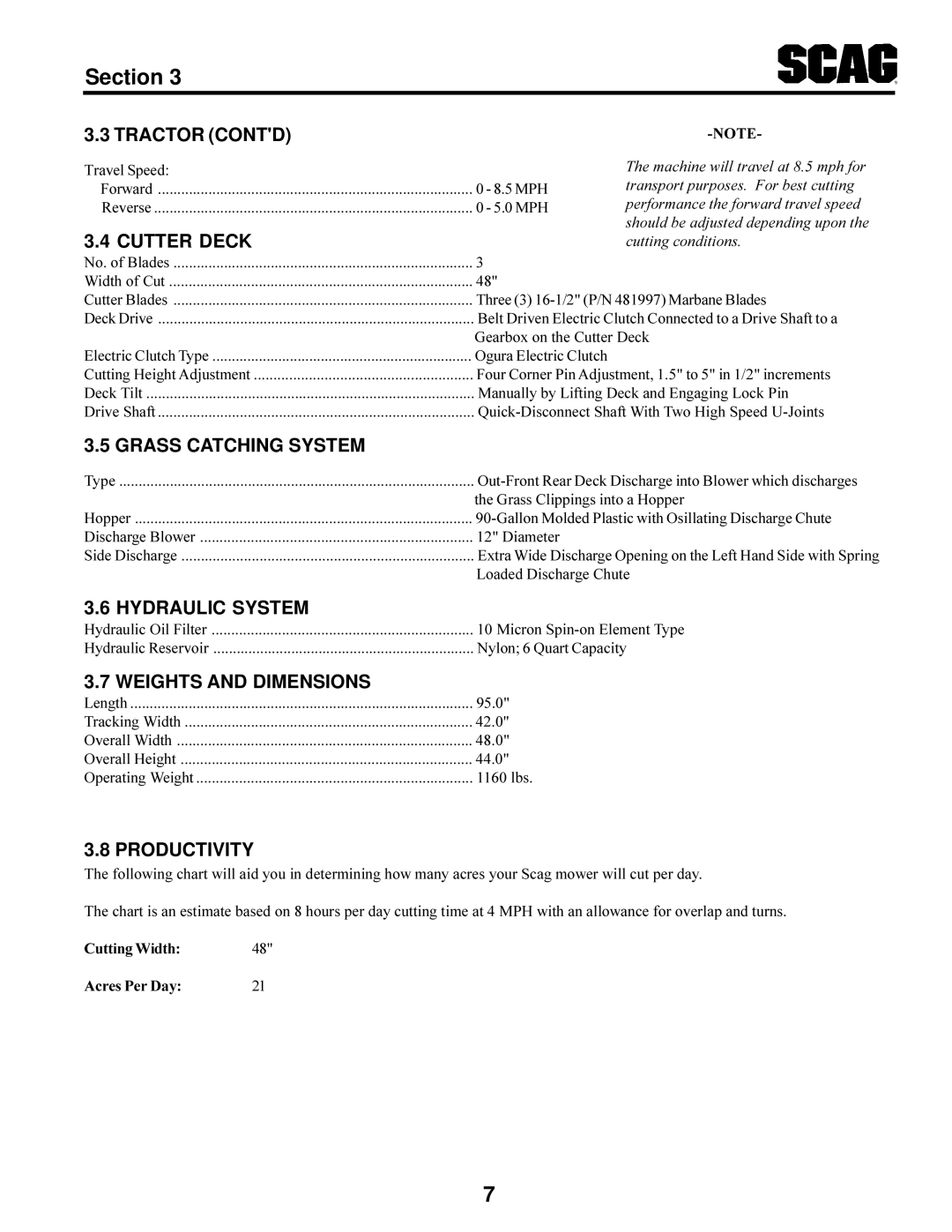 Scag Power Equipment SCR manual Tractor Contd, Cutter Deck, Grass Catching System, Hydraulic System, Weights and Dimensions 