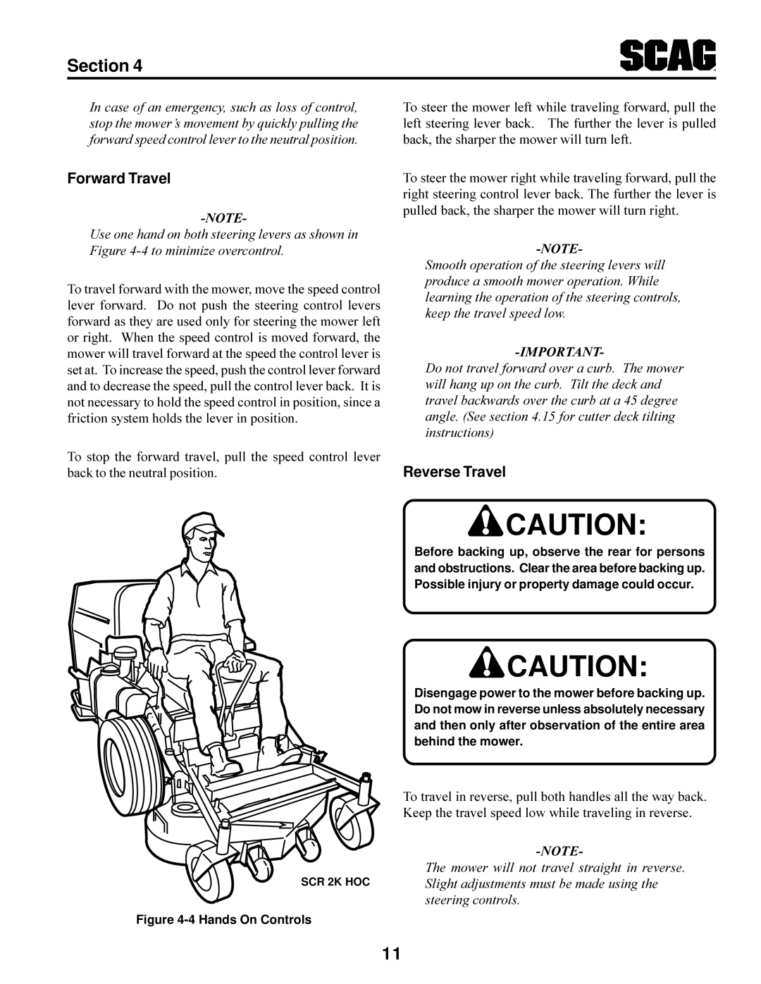 Scag Power Equipment SCR manual Forward Travel, Reverse Travel 