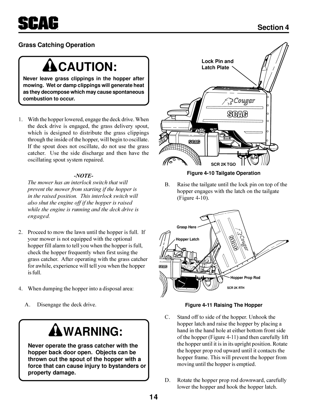 Scag Power Equipment SCR manual Grass Catching Operation, Tailgate Operation 