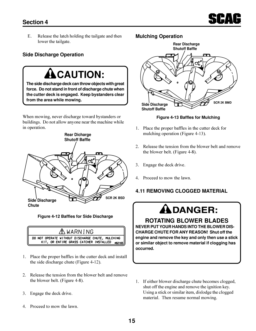 Scag Power Equipment SCR manual Side Discharge Operation, Mulching Operation, Removing Clogged Material 