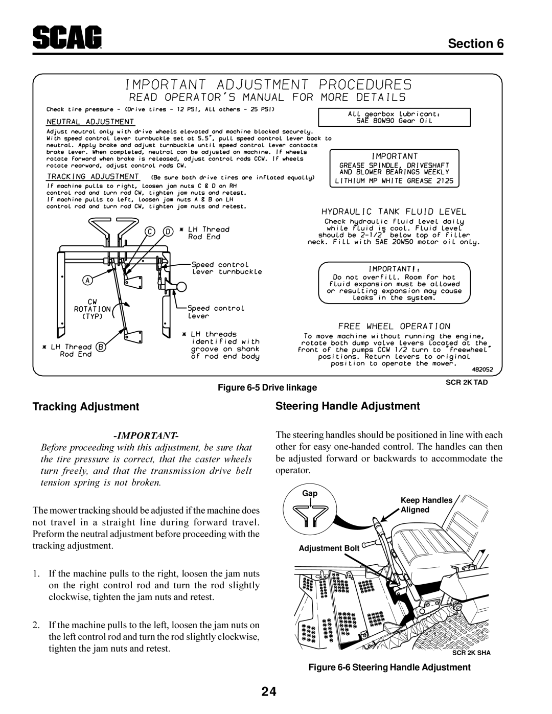 Scag Power Equipment SCR manual Tracking Adjustment Steering Handle Adjustment, Drive linkage 