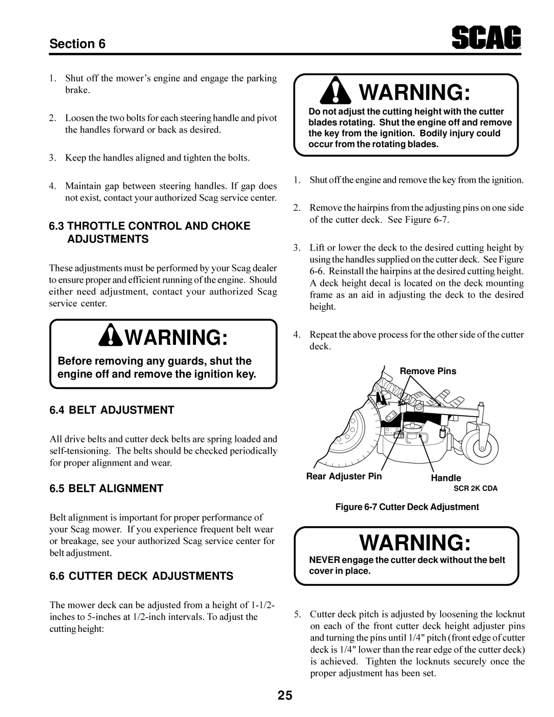 Scag Power Equipment SCR Throttle Control and Choke Adjustments, Belt Adjustment, Belt Alignment, Cutter Deck Adjustments 