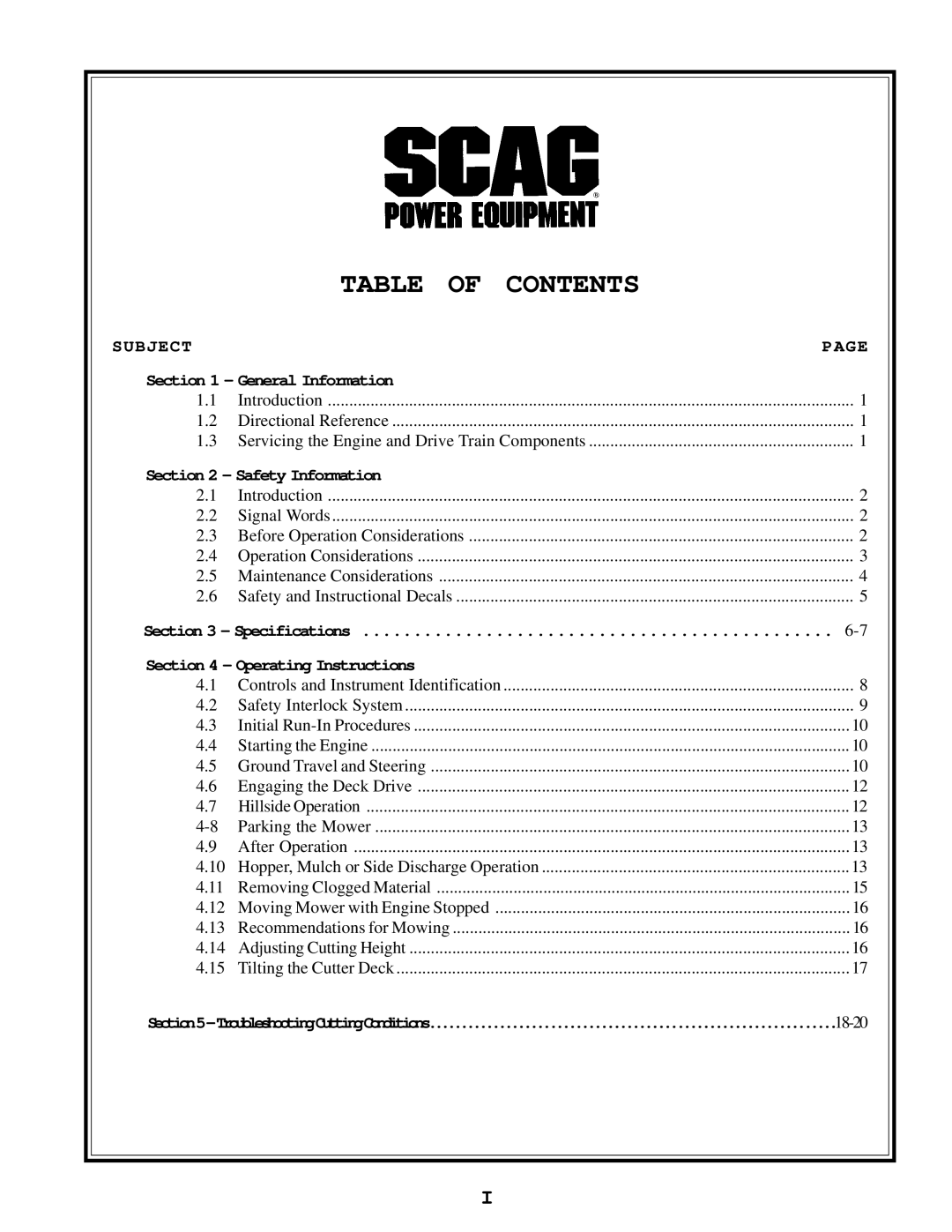 Scag Power Equipment SCR manual Table of Contents 