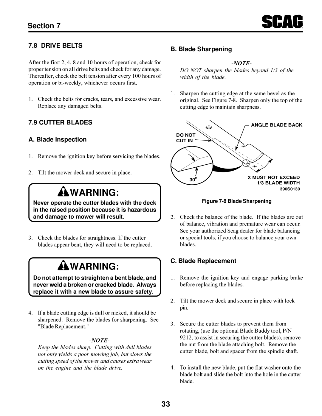 Scag Power Equipment SCR manual Drive Belts, Cutter Blades, Blade Inspection, Blade Sharpening, Blade Replacement 