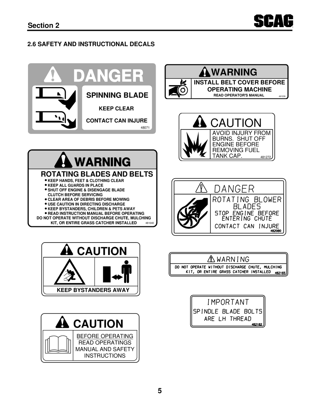 Scag Power Equipment SCR manual Safety and Instructional Decals, Install Belt Cover Before Operating Machine 