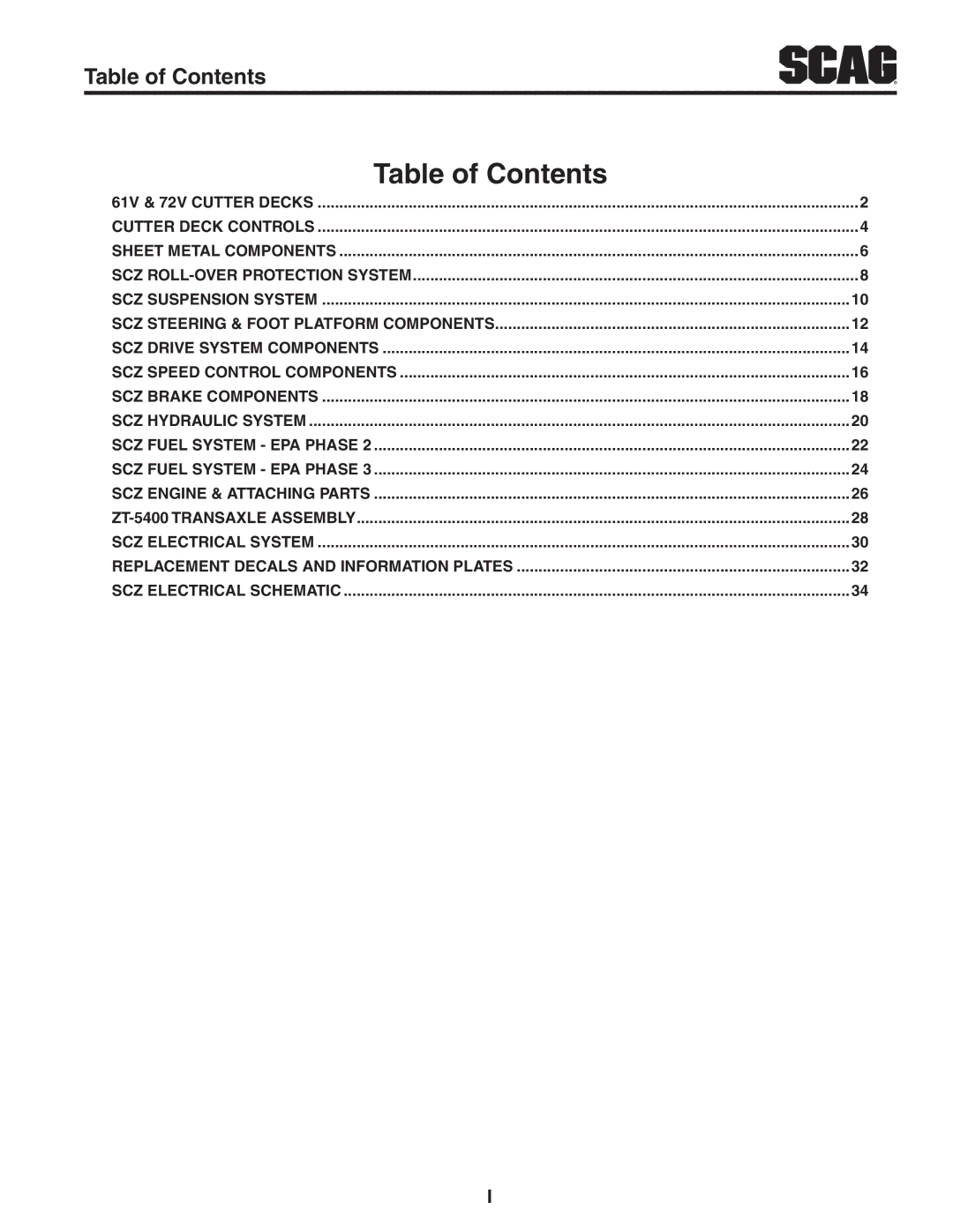 Scag Power Equipment SCZ manual Table of Contents 