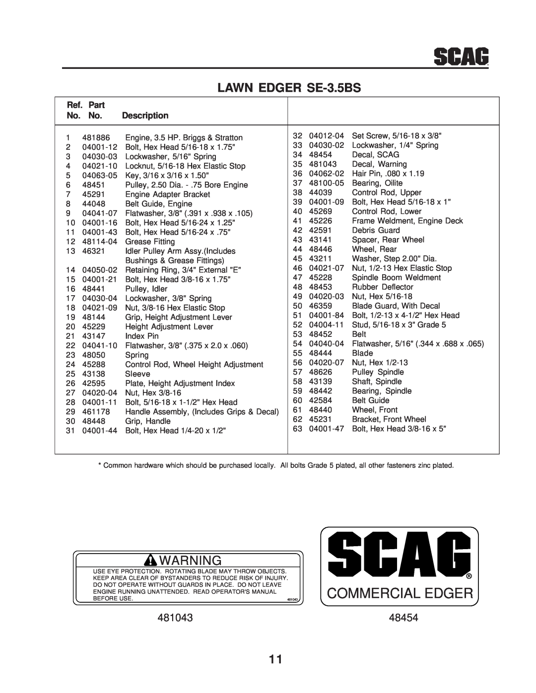 Scag Power Equipment manual LAWN EDGER SE-3.5BS, Commercial Edger, Ref. Part, Description 