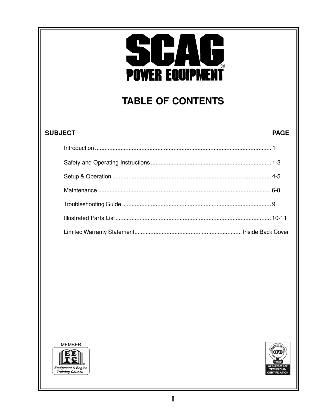 Scag Power Equipment SE-3.5BS manual Table Of Contents, Subject, Page, 10-11, Limited Warranty Statement, Inside Back Cover 