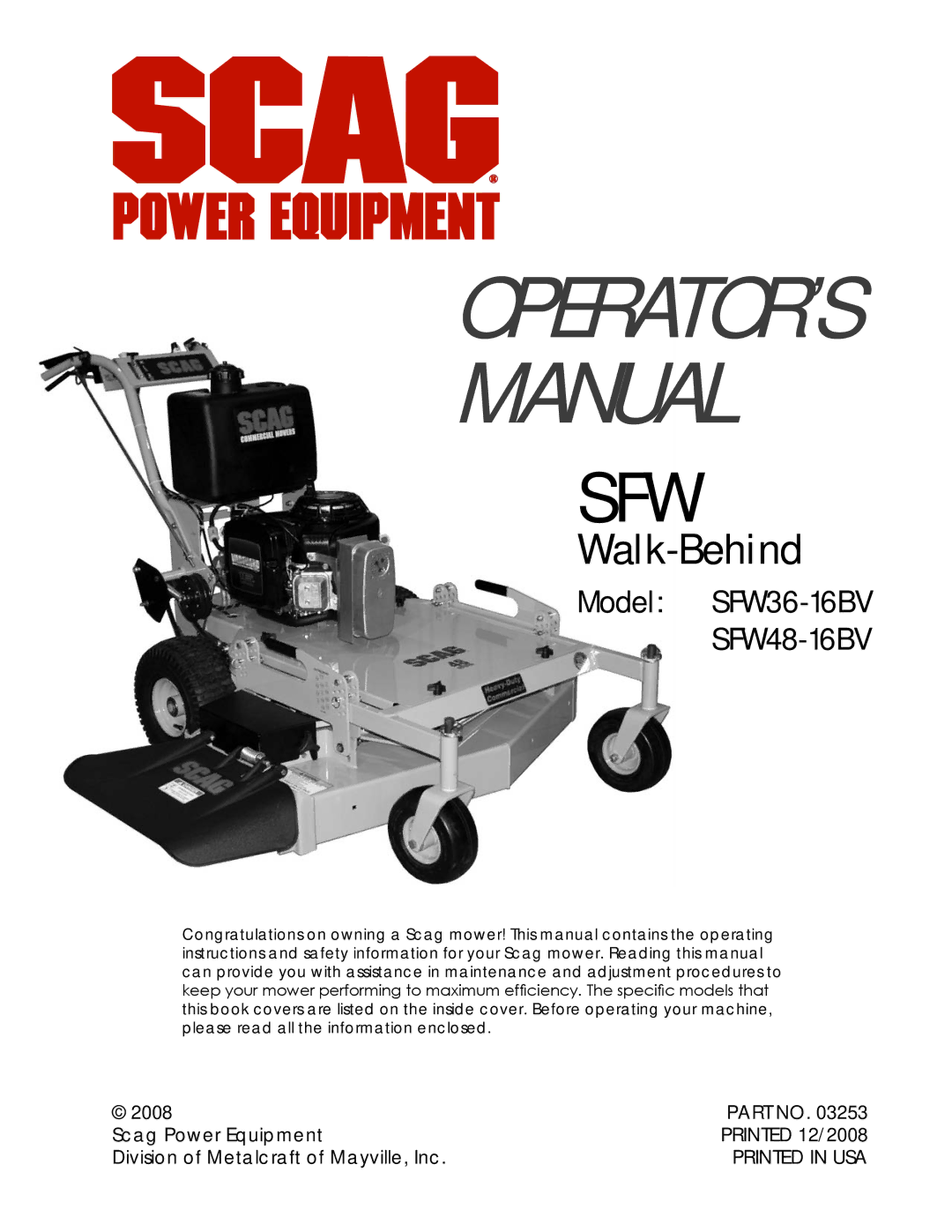 Scag Power Equipment SFW36-16BV, SFW48-16BV manual Ipl 