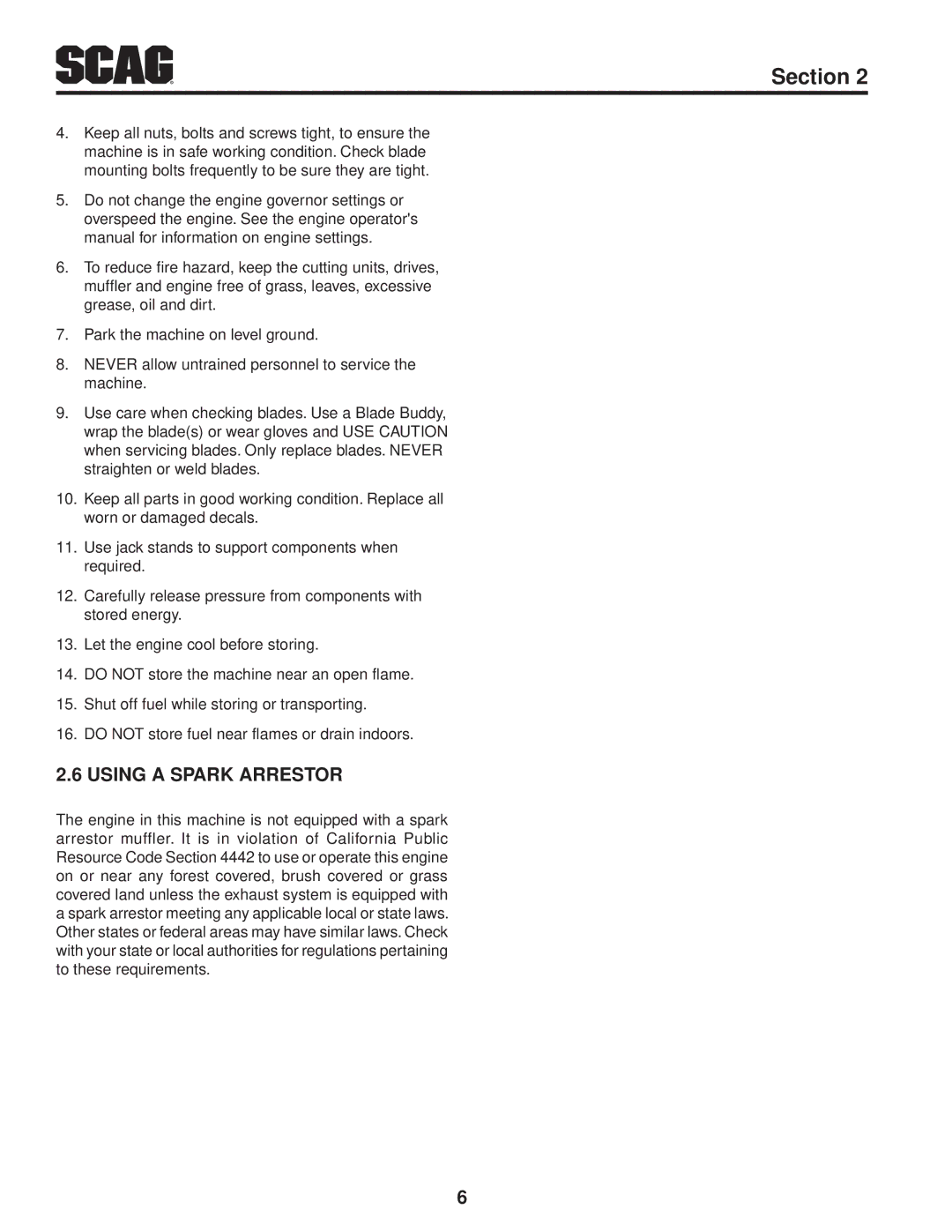 Scag Power Equipment SFW36-16BV manual Using a spark arrestor 