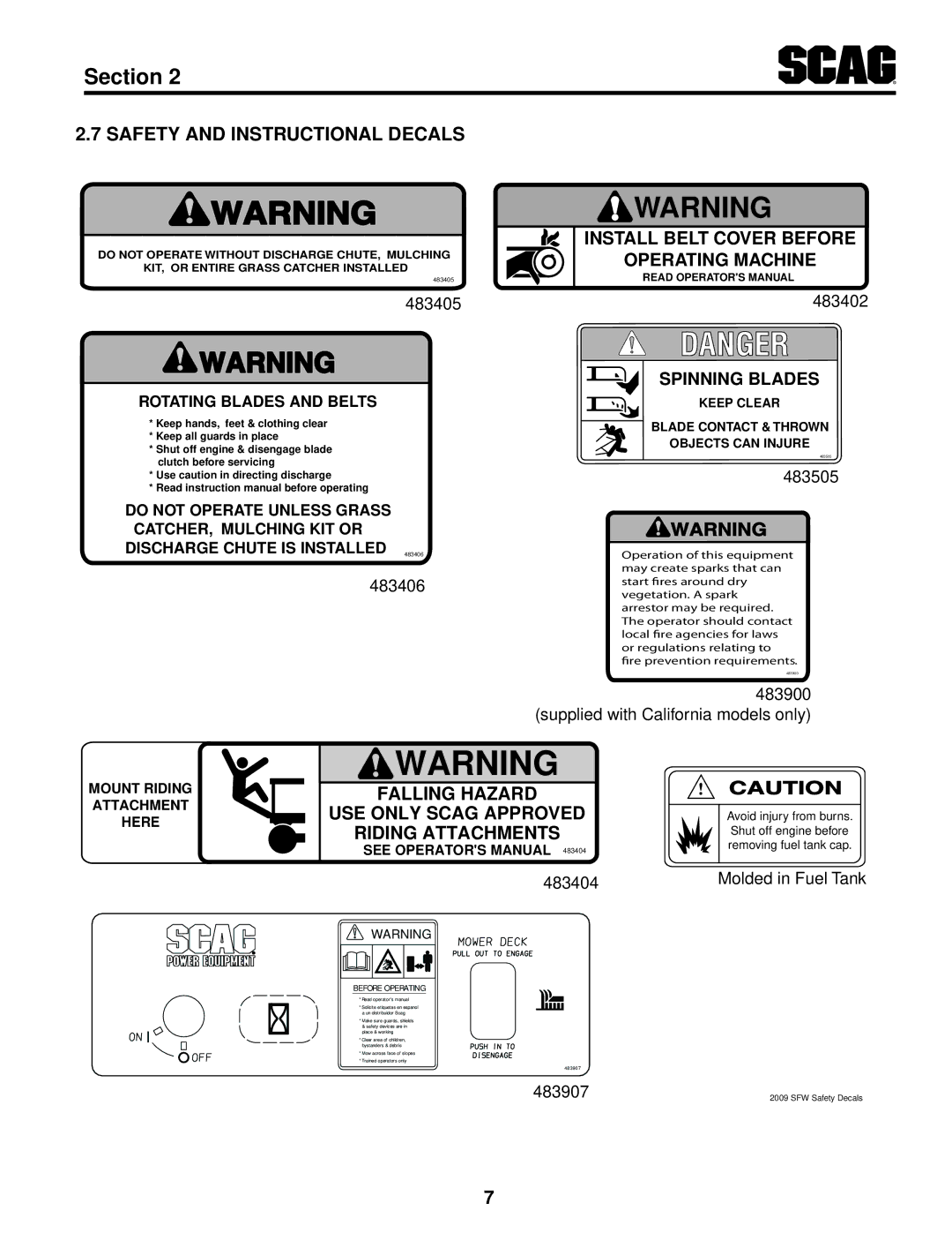 Scag Power Equipment SFW36-16BV Safety and Instructional Decals, Falling HAzARD USE only Scag APPROvED, Riding Attachments 