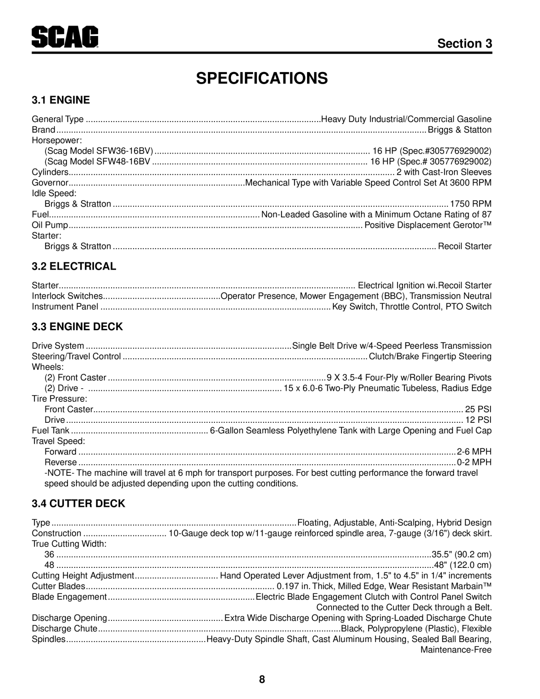 Scag Power Equipment SFW36-16BV manual Specifications, Electrical, Engine Deck, Cutter Deck 