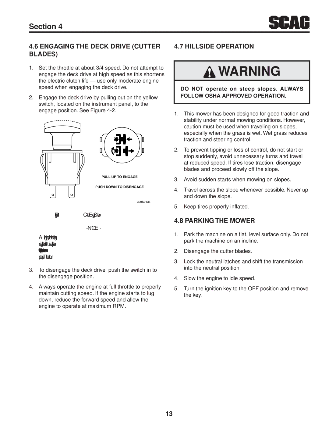 Scag Power Equipment SFW36-16BV manual Engaging the Deck Drive Cutter Hillside Operation Blades, Parking the Mower 